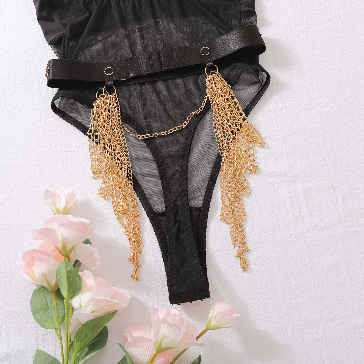 Sexy See-Through Mesh Splicing Women's Lingerie Set New Metal Chain Bodysuit