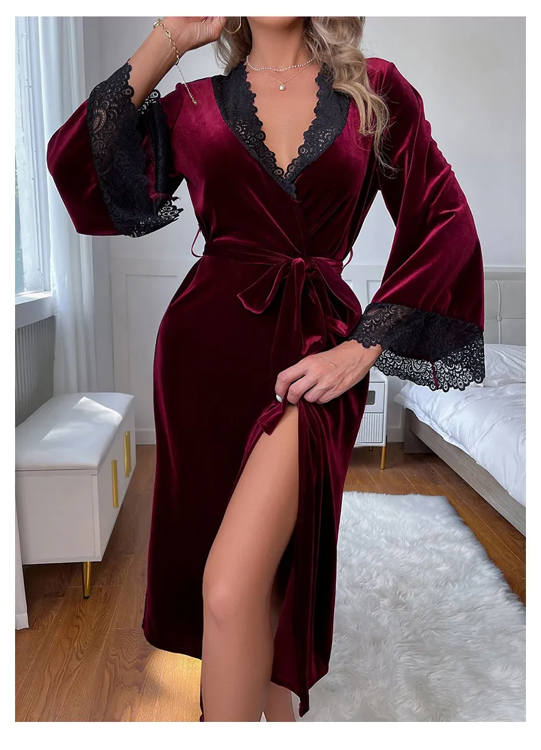 New V-Neck Long Velvet Nightwear Dress Sexy Solid Color with Lace Woman Sleepwear