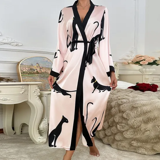 New Arrival Satin Printed Leopard V-Neck Sleepwear Sexy Long Sleeve Woman Robe