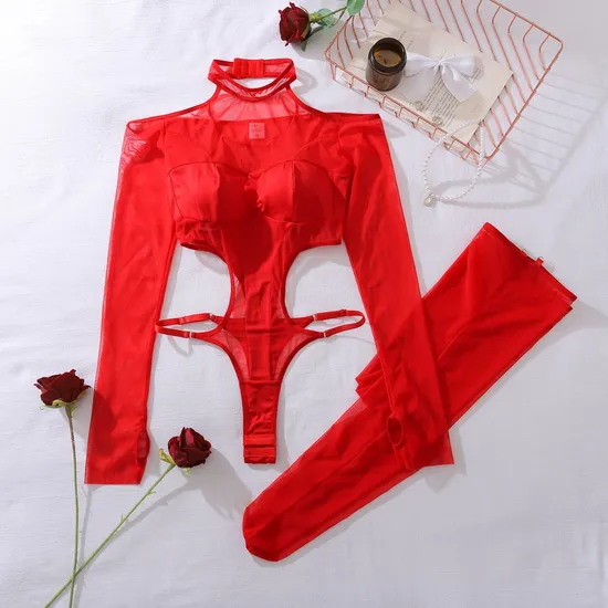 New Hollow out See-Through Woman Bodysuit Sexy Long Sleeve Hanging Neck Lingerie