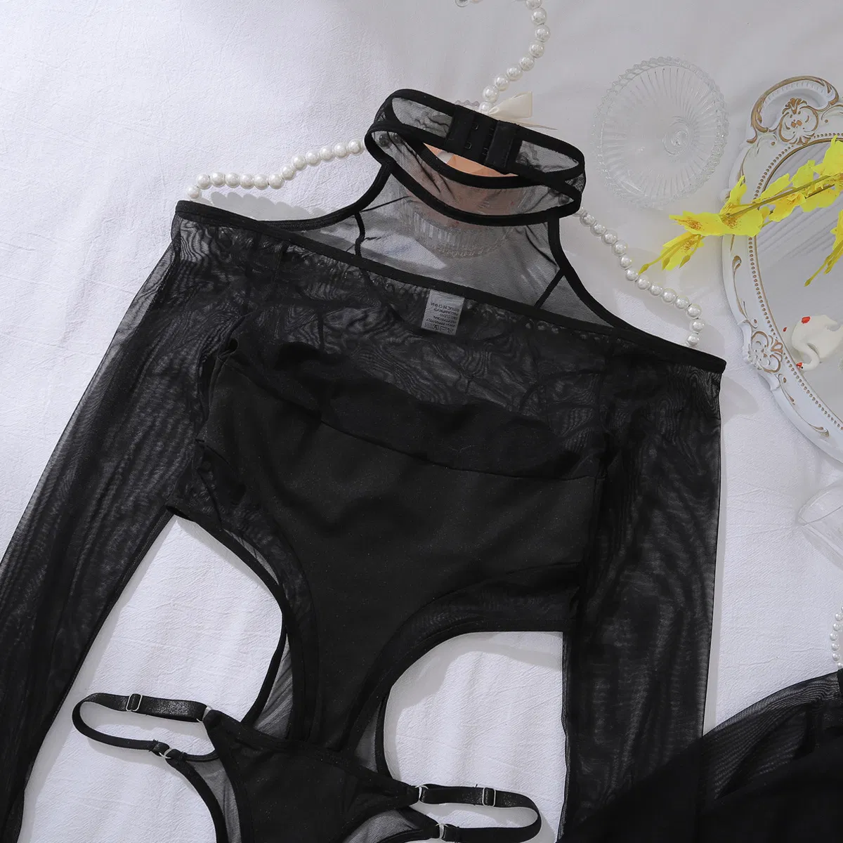 New Hollow out See-Through Woman Bodysuit Sexy Long Sleeve Hanging Neck Lingerie