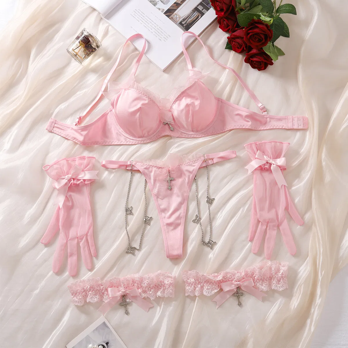 Wholesale See-Through Underwear Set with Gloves Sexy Bow Tie Woman Lingerie