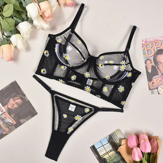 Wholesale See-Through Mesh Fishbone Bra Panty Sets Sexy Ultra Thin Woman Lingerie