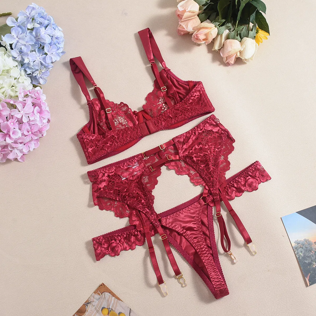 Wholesale Satin See-Through Underwear Set for Woman Sexy Embroidered Lace Lingerie