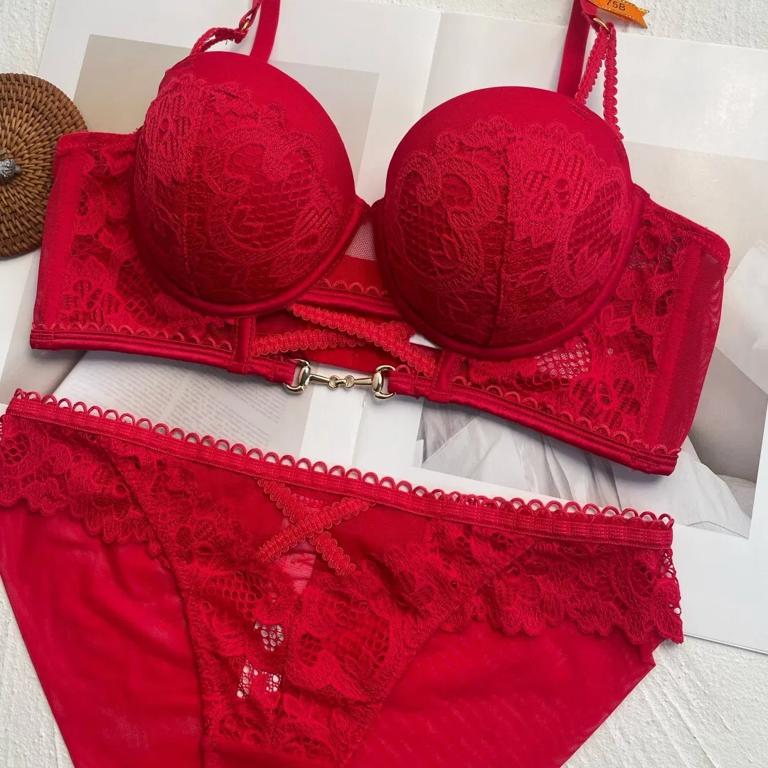 2025 New Wholesale French Anti-Sagging Breathable Lace Trim Gathering for Women Soft Bra Ultra-Thin Set Sexy Underwear Lingerie