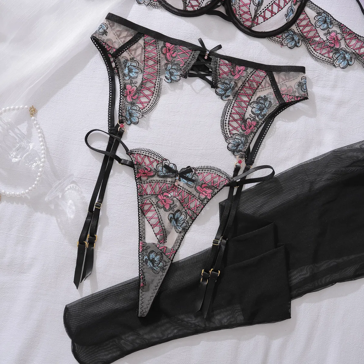 New See-Through Underwear Set with Stockings Wholesale Sexy Bowknot Floral Embroidery Lingerie
