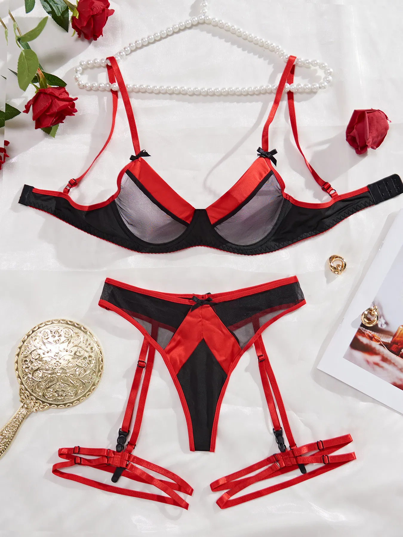 Sexy Sheer Mesh Newest Underwear Set with Bow Decor New Garter Belt 3PC Lingerie