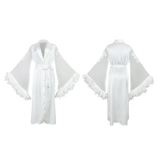 Sexy Satin Loose Long Sleeve Bathrobe Wholesale V-Neck Transparent Mesh Women's Robe