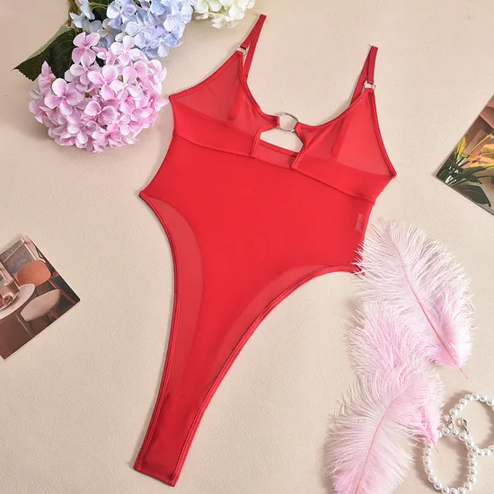 Sexy Ultral-Thin Solid Color Lingerie Hot See Through Mesh Hollow Woman Bodysuit
