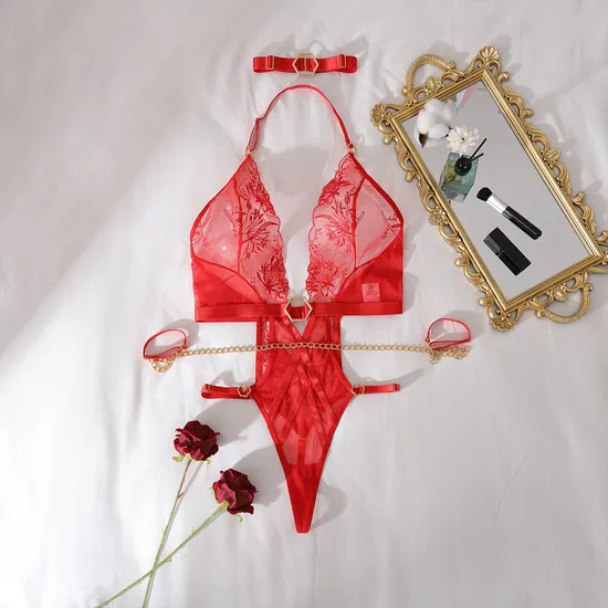 Hot Selling See Through Chain Neck Woman Lingerie Set Sexy Deep-V Chain Neck Bodysuit