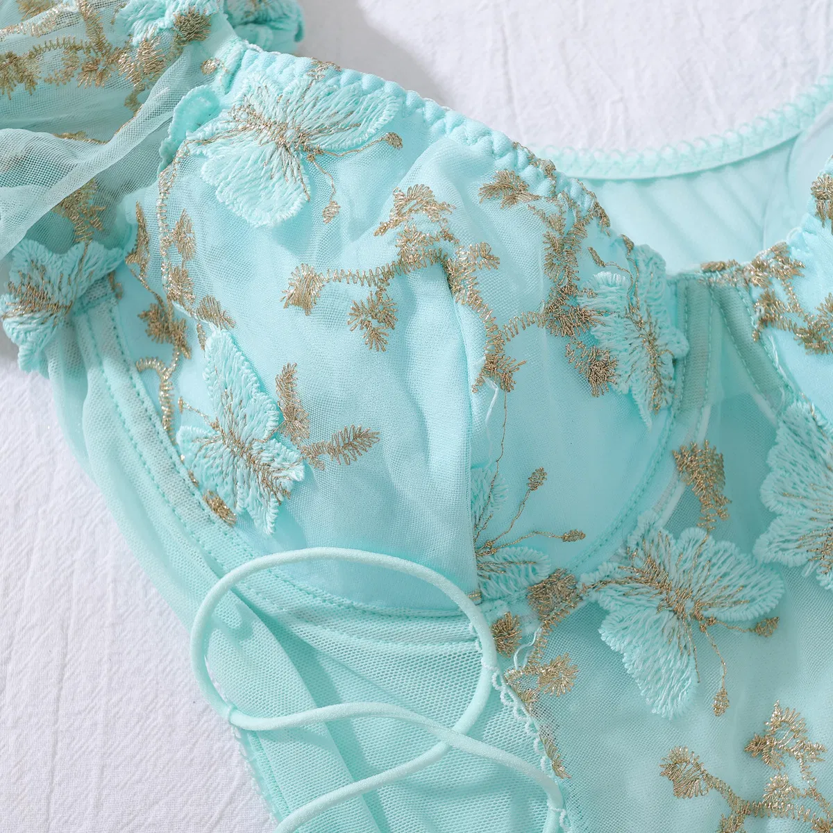 Sexy Perspective Floral Embroidery Bra Panty Sets Wholesale Bubble Sleeve Top Lingerie
