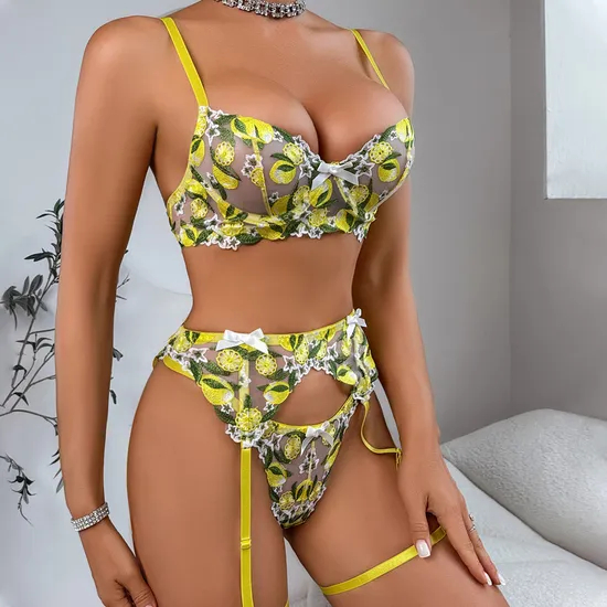 Sexy Lemon Embroidery Woman Bra Panty Set Wholesale Mesh Transparent Lingerie