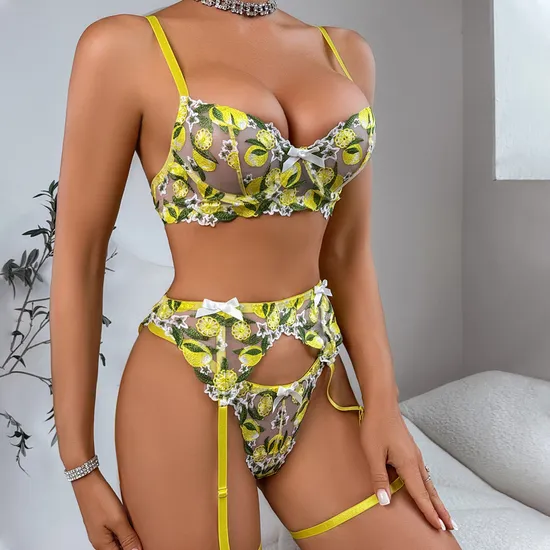 Sexy Lemon Embroidery Woman Bra Panty Set Wholesale Mesh Transparent Lingerie