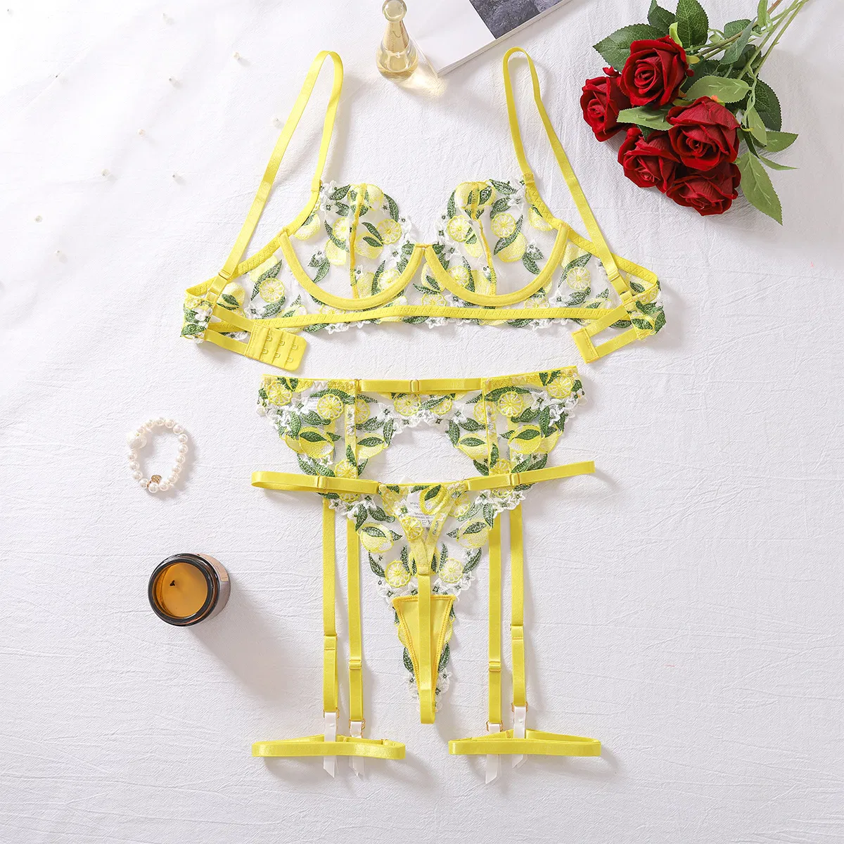 Sexy Lemon Embroidery Woman Bra Panty Set Wholesale Mesh Transparent Lingerie