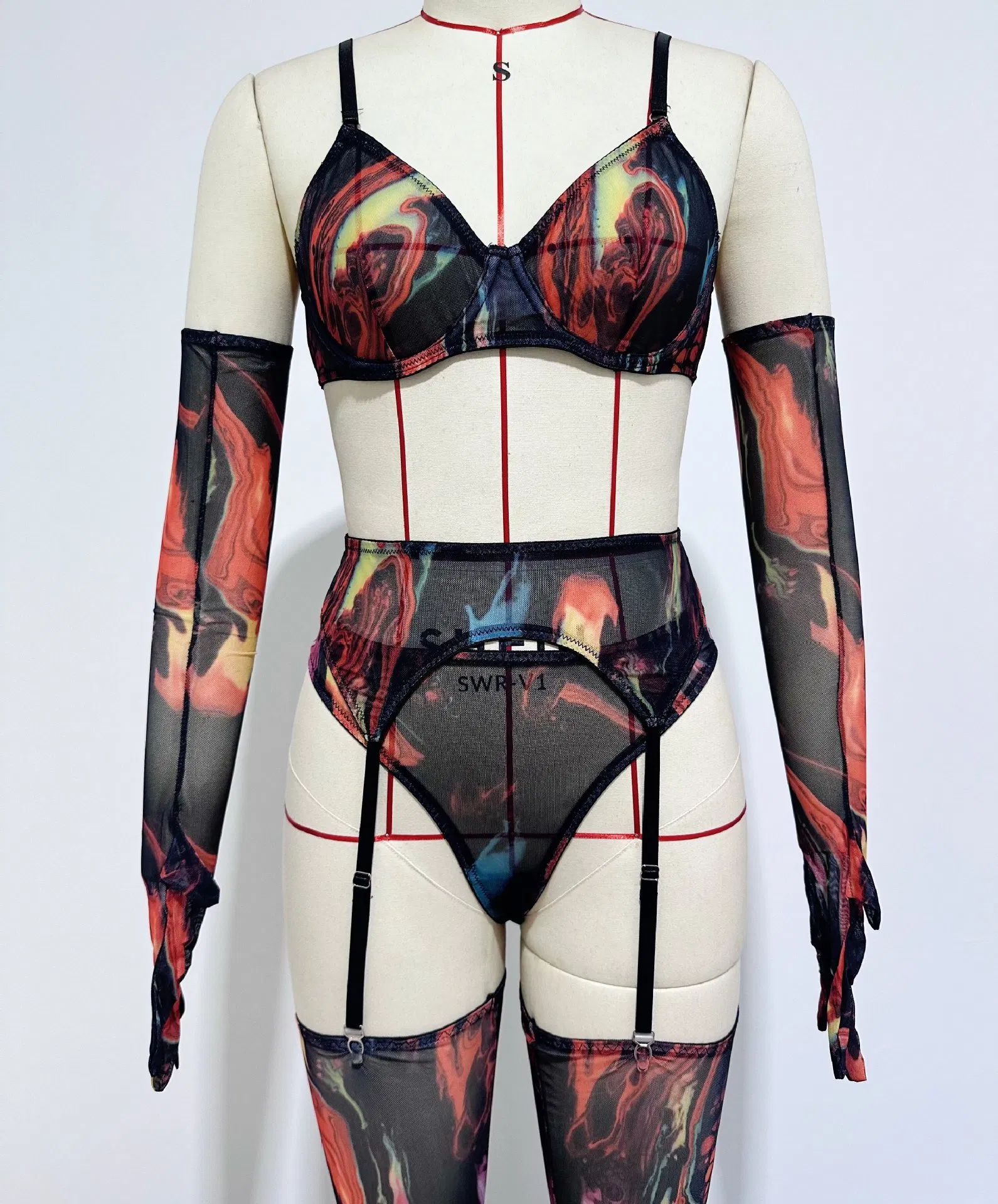 Wholesale Long Sleeve Underwear Set with Glove and Stocking Sexy Tie Dye Woman Lingerie
