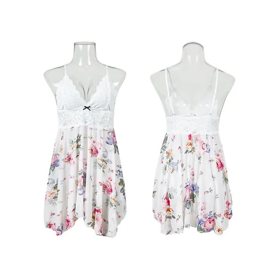 New Arrival V-Neck Transparent Mesh Sleepwear Dress Sexy Patchwork Lace Suspender Nightwear