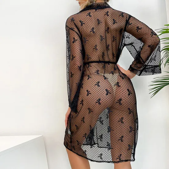 Wholesale See-Through Mesh Long-Sleeve Sleepwear Sexy Bowknot Lace Printing Women's Robe