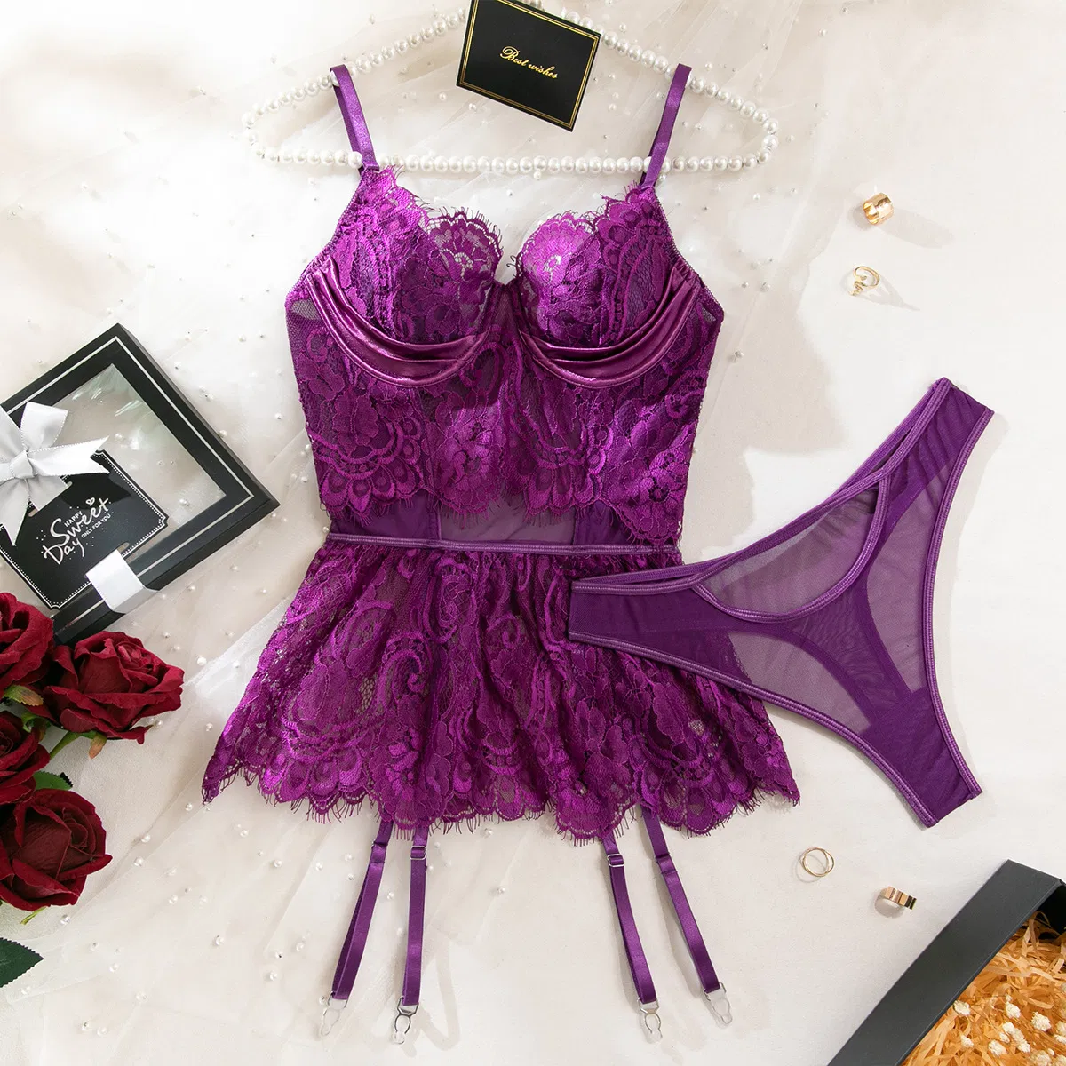 Sexy Ultra-Thin Eyelash Lace Underwear Set with Stocking Wholesale Skirt 3 Piece Women's Lingerie