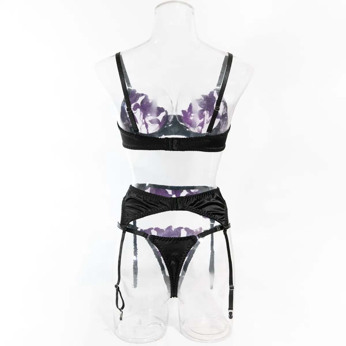Wholesale Mesh See-Through Floral Embroidery Underwear Set Sexy Women's Three-Piece Lingerie
