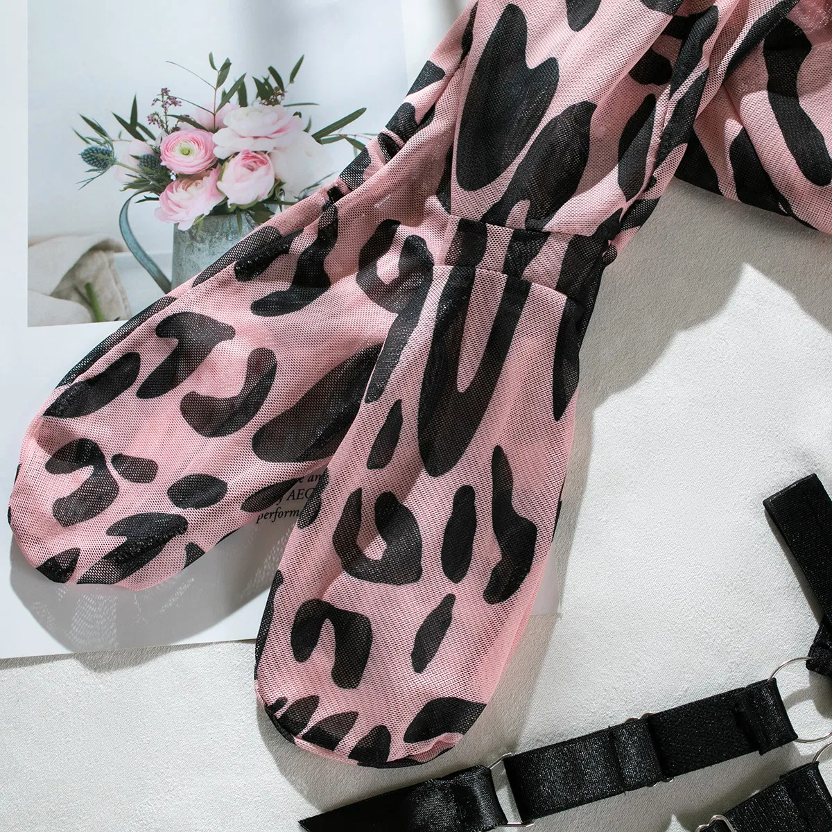 Sexy Leopard Print Mesh Hollow out Bra Set with Stocking New Style Women's Underwear Lingerie