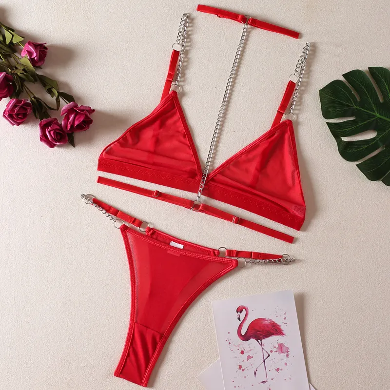 Wholesale Transparent Mesh Solid Color Underwear Set with Metal Chain Sexy Women's Lingerie