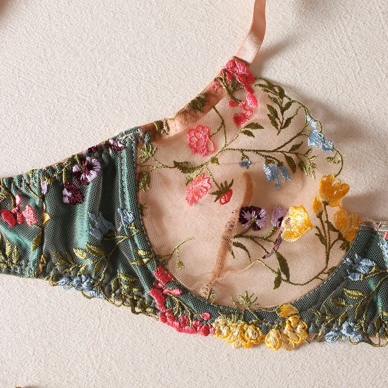 Sexy Transparent Mesh Embroidery Underwear and Panty Set Hot Temptation Woman Lingerie