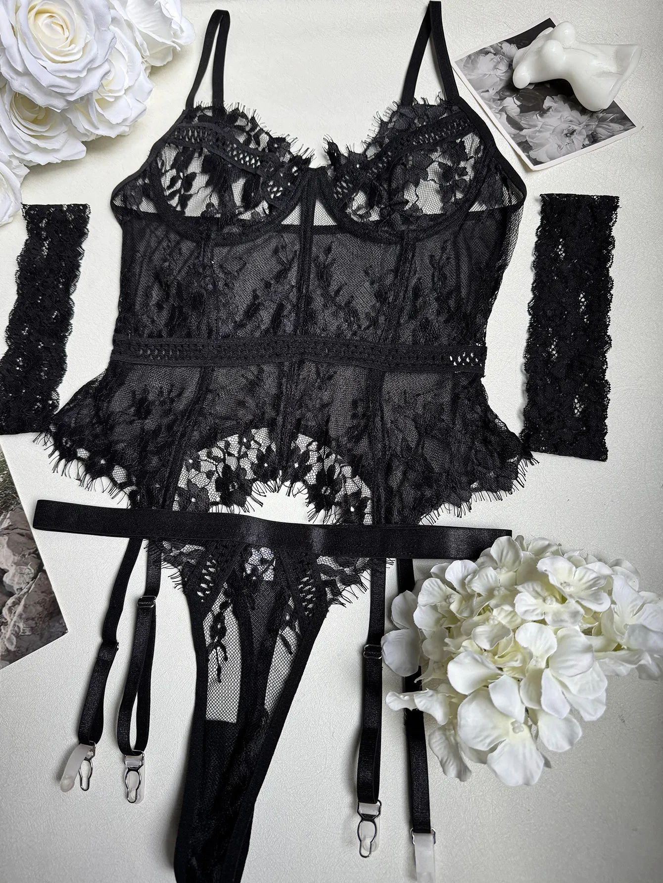 Sexy Transparent Eyelash Lace Underwear Set Wholesale Fishbone Shaping Lingerie