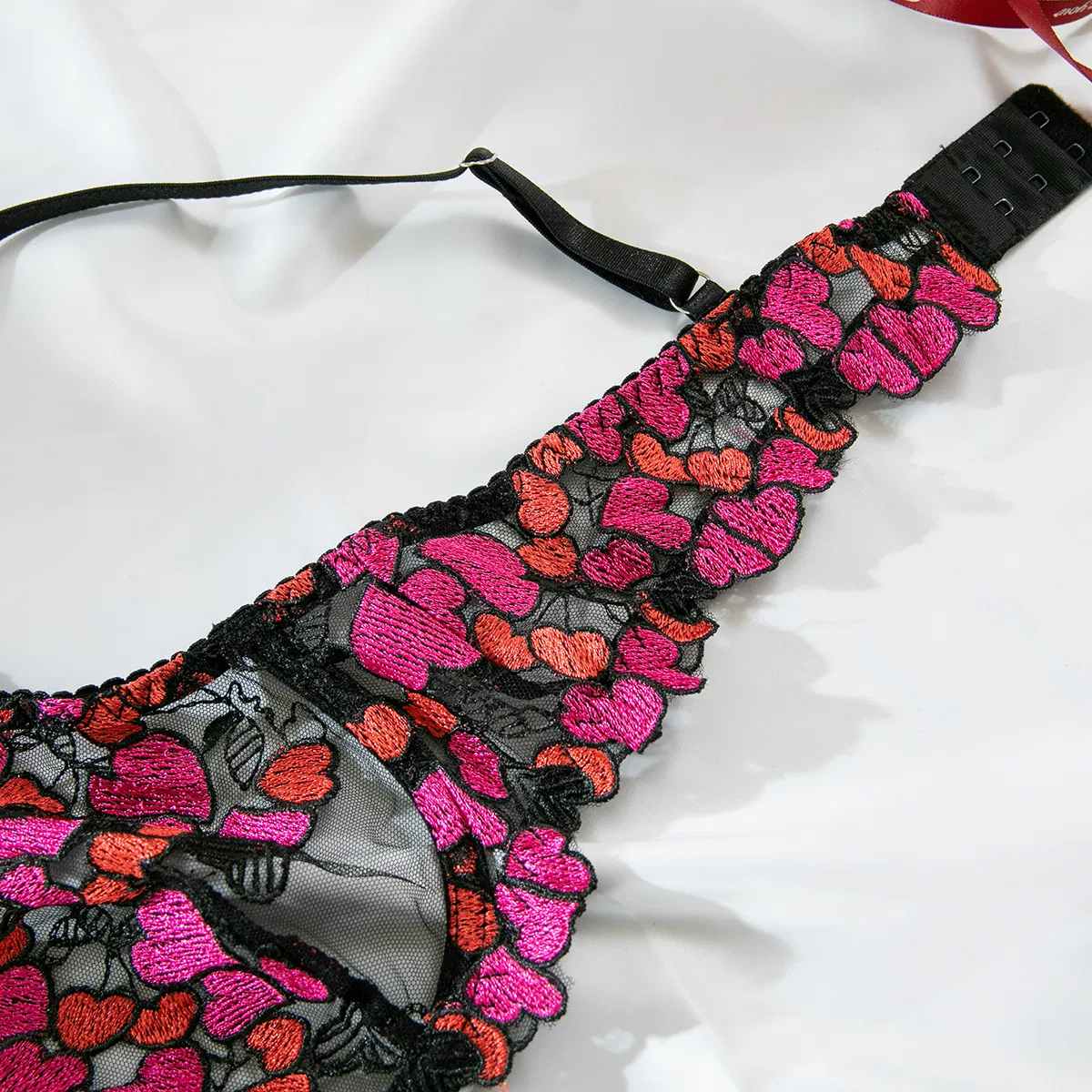 Sexy High Quality Heart-Shaped Embroidery Lace Bra Thong Set Hot Sell Garter Belt Woman Lingerie