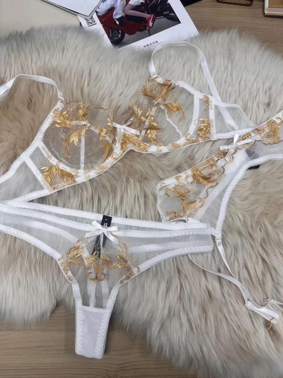 Sexy Women's Erotic Lingerie Mesh Embroidery Perspective Seductive Passion Three Piece Underwear