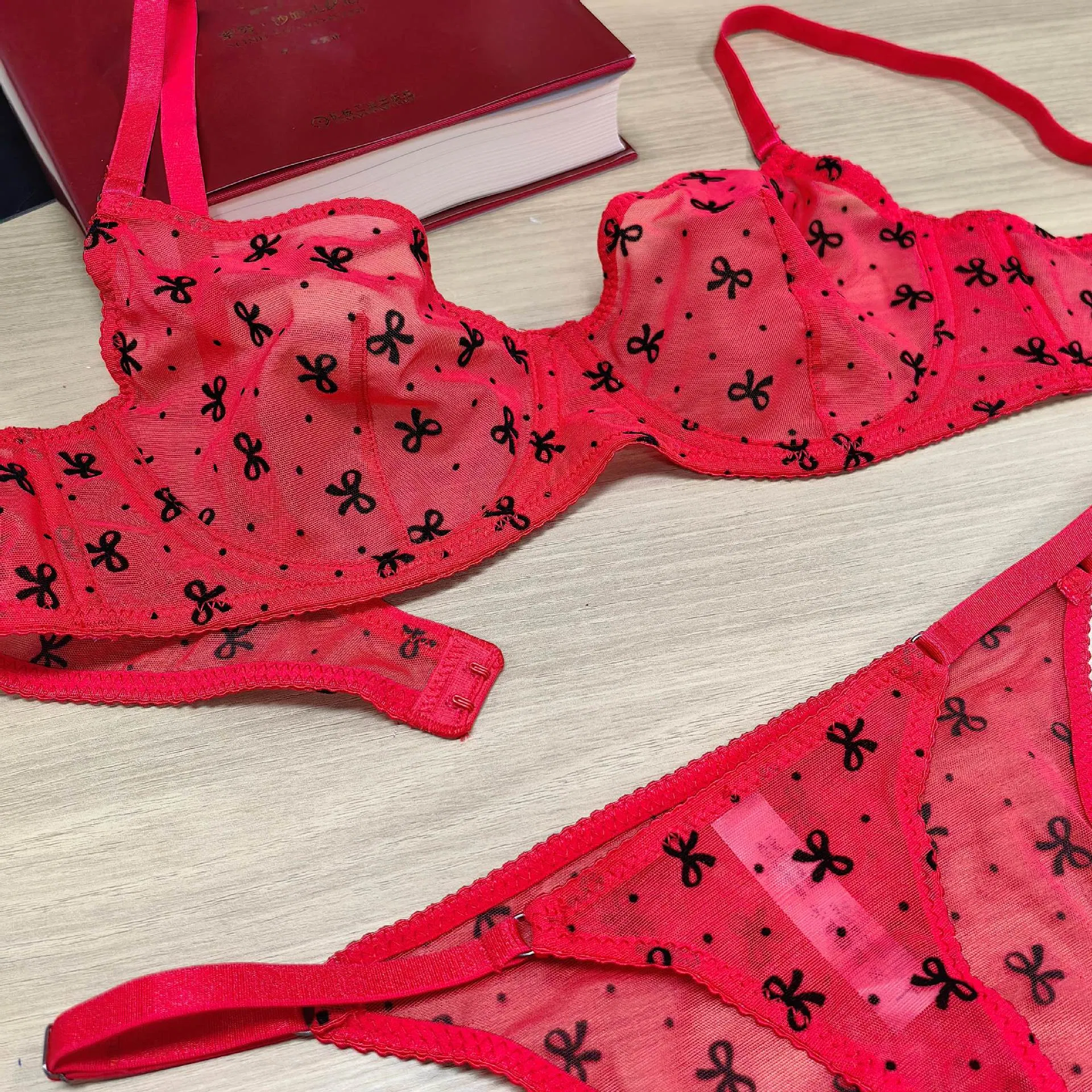 Classic Bow Pattern Printed Underwear Mesh Perspective Temptation Sexy Women Lingerie