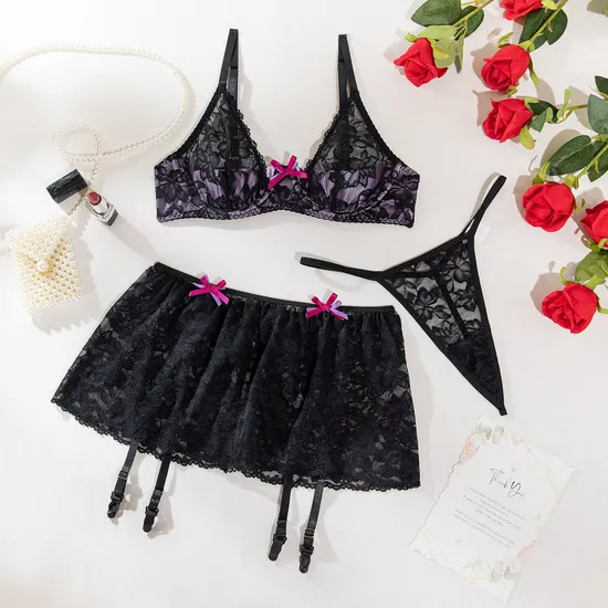 Sexy Embroidered Lace Deep V Bra Set with Stocking New Transparent Women Lingerie