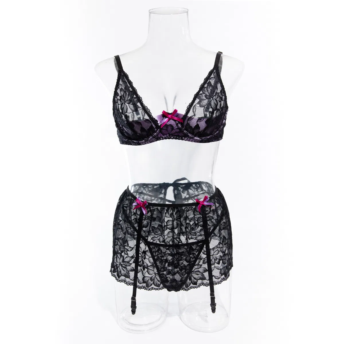 Sexy Embroidered Lace Deep V Bra Set with Stocking New Transparent Women Lingerie