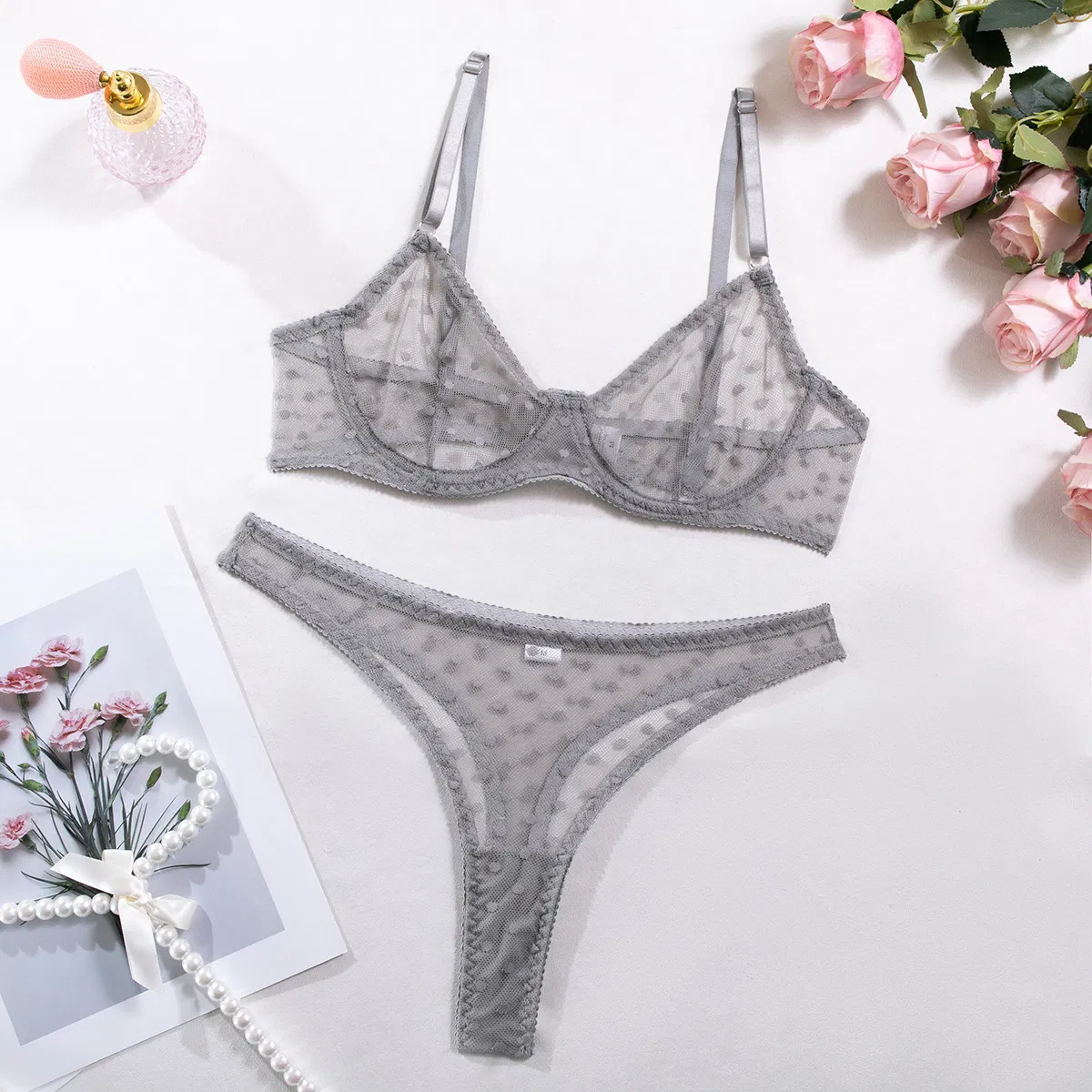 Wholesale Polka Dots Perspective Mesh Bra Set Sexy Thin Two-Piece Lingerie
