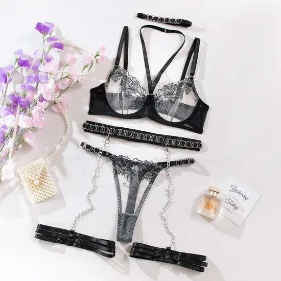 Wholesale Floral Embroidery See-Through Women Bra Set Sexy Necklace Metal Chain Lingerie