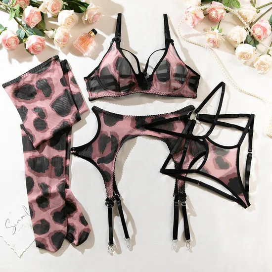 New Design Leopard Print Bra Set with Stockings Wholesale Sexy Transparent Mesh Woman Lingerie