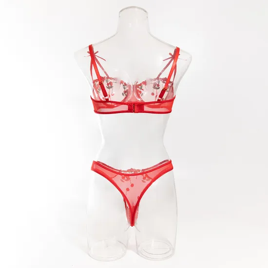 New Floral Embroidery Ultra Thin 2PCS Underwear Set for Woman Sexy Transparent Lingerie