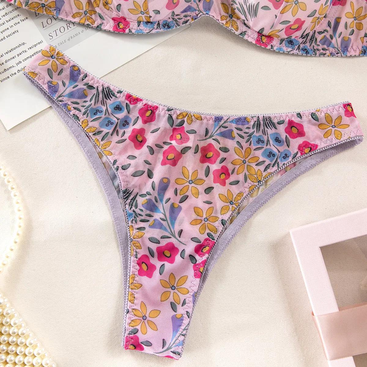 Wholesale Erotic Women's Underwear Set Sexy Floral Print Ultral-Thin 2PCS Lingerie