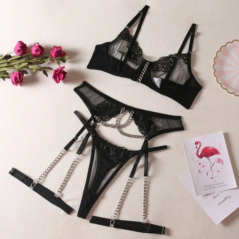Sexy See-Through Woman Underwear Set with Metal Chain Wholesale Embroidery Floral Lingerie