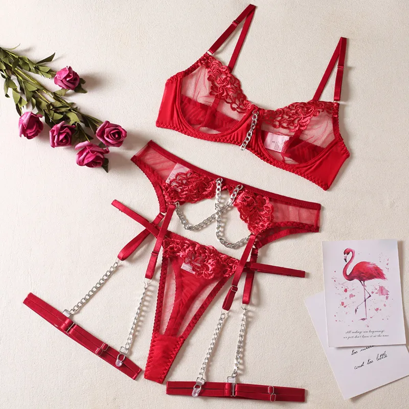 Sexy See-Through Woman Underwear Set with Metal Chain Wholesale Embroidery Floral Lingerie