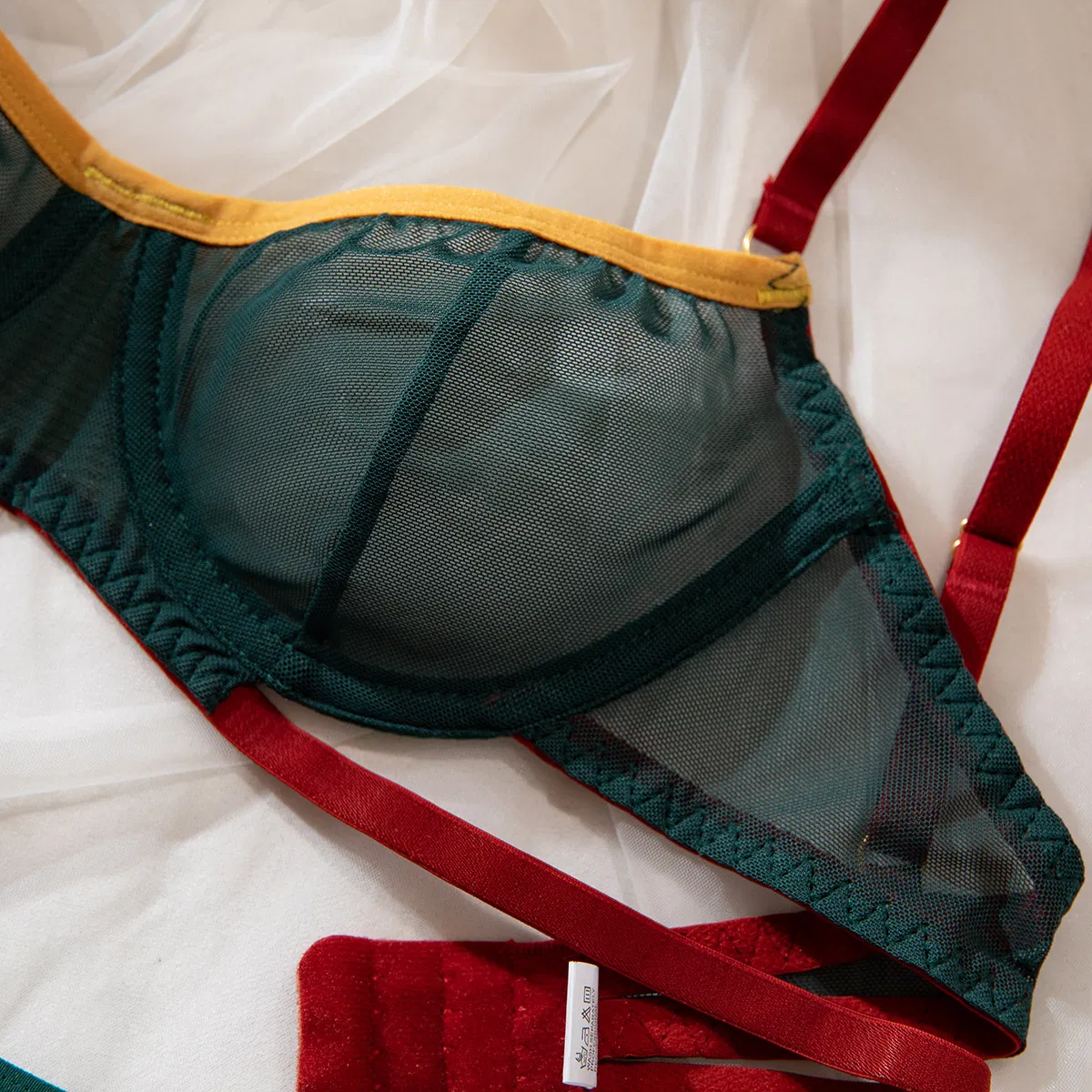 Sexy Contrast Color See-Through Mesh Two Piece Underwear Set Wholesale Steel Ring Lingerie