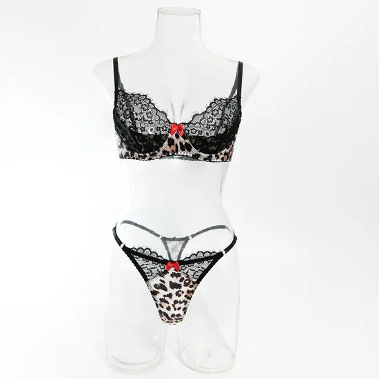 Sexy Leopard Print Ultra-Thin Bra and Thong Set Wholesale Transparent Woman Lingerie