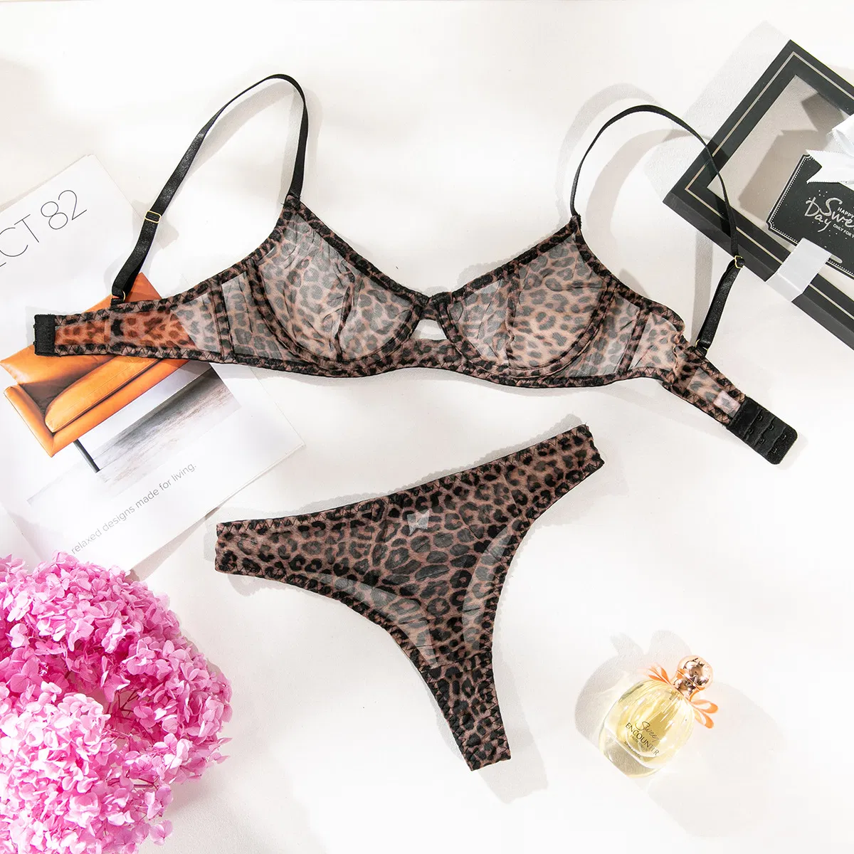 Sexy Women Newest Underwear Set Hot Transparent Mesh Leopard Print Lingerie