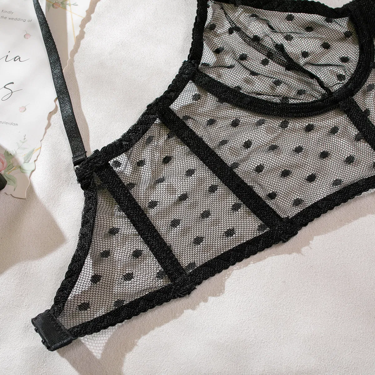 Sexy Fish-Bone Women's Underwear Set Wholesale See-Through Polka Dots Mesh Lingerie