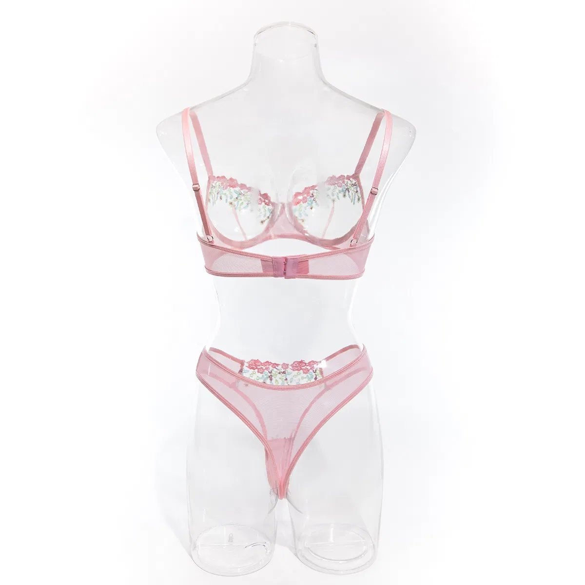 Sexy See-Through Mesh Pink Floral Embroidery Bra Set Hot Selling Women Lingerie