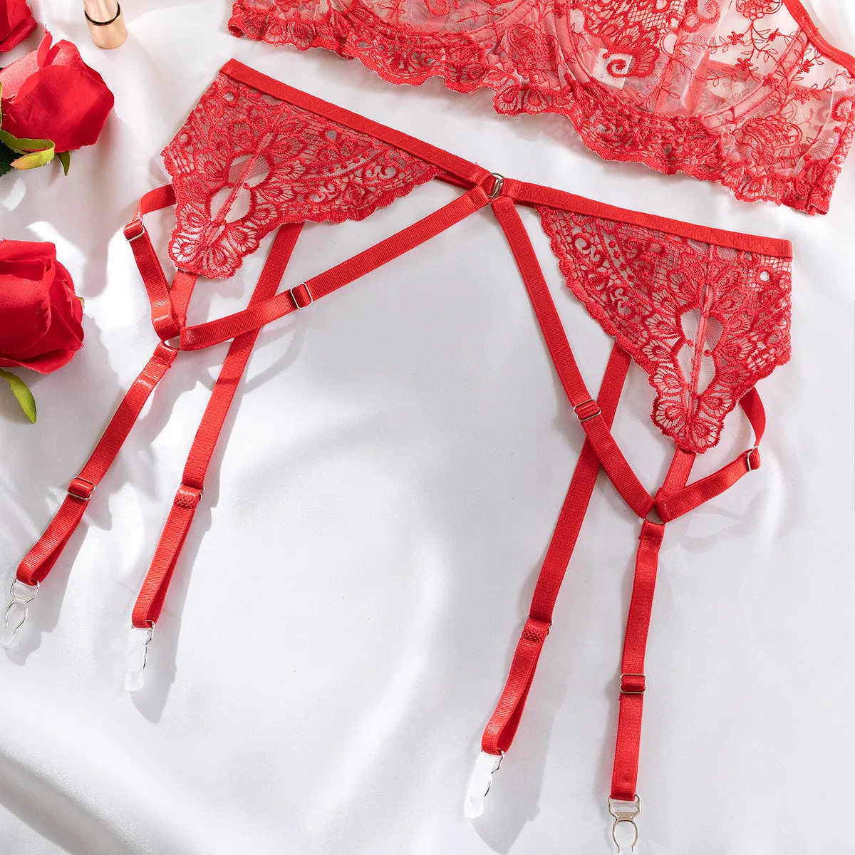 Wholesale Floral Embroidery Transparent Mesh Bra Set Sexy Mature Woman Thin Lingerie