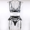Sexy Embroidery Lace Garters Belt Bra and Panties Set Wholesale See-Through Mesh 3PCS Lingerie