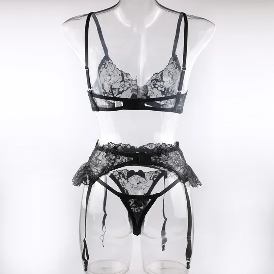 Sexy Embroidery Lace Garters Belt Bra and Panties Set Wholesale See-Through Mesh 3PCS Lingerie