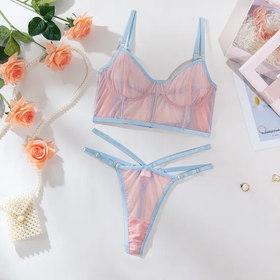 Factory Sell Fish-Bone Thin Perspective Mesh Bra Set Sexy High Quality Two Piece Woman Lingerie