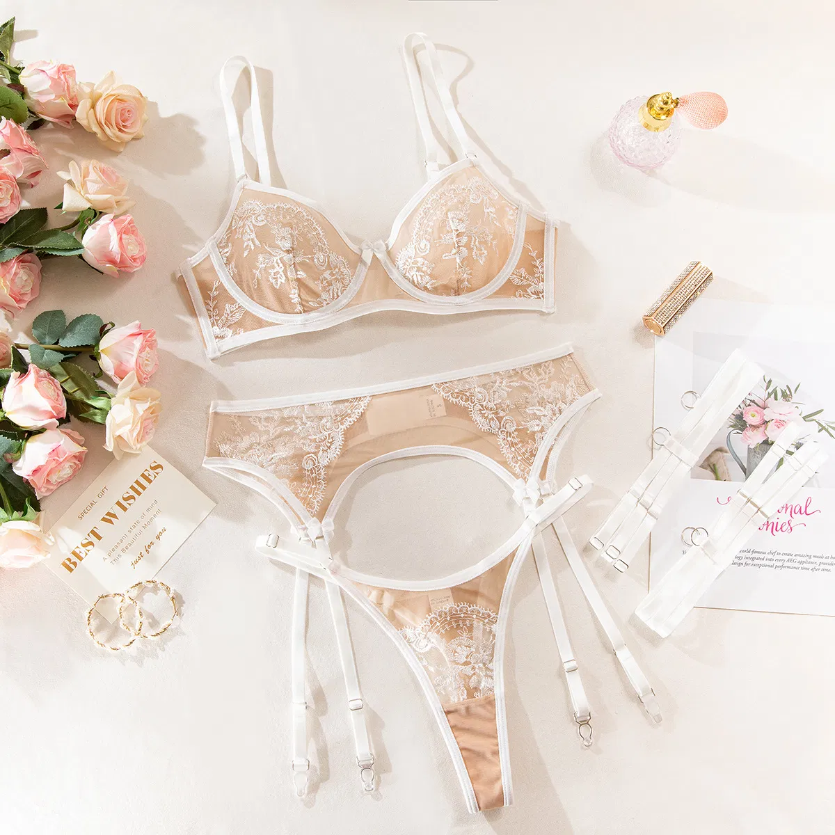 Sexy Transparent Mesh Women's Underwear Set Wholesale Luxury Lace Embroidery Lingerie