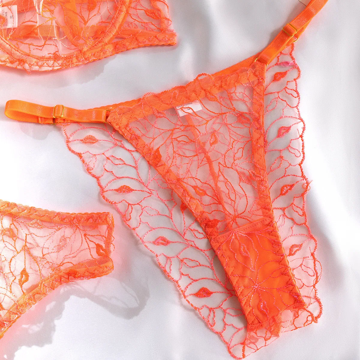 Wholesale See-Through Mesh Embroidery Bra Set Sexy Three-Piece Woman's Lingerie